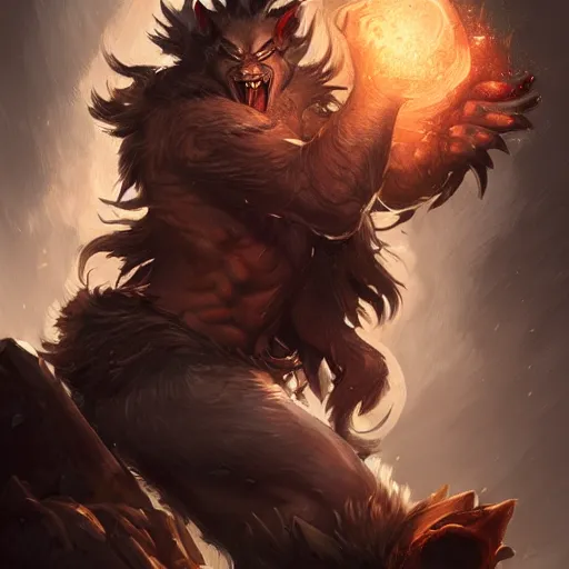 Image similar to portrait of werewolf of ashes and smoke, league of legends splash art, hearthstone splash art, full body shot, rule of thirds, ultrafine hyperrealistic detailed face, artgerm, greg rutkowski, trending on artstation, 8 k, intricately detailed, highly detailed