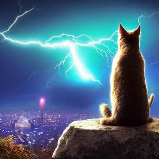 Image similar to a cat is sitting on a rock and looks at a total fallout city, while it is radioactive raining and a wild ghoul is coming nearby, there is a lightning which is deep purple, the cat has high details and can only be seen from the back