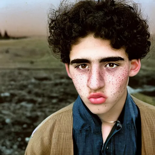 Prompt: hyper - realistic, kodachrome medium shot portrait of an attractive ethereal 1 8 year old male, of mixed italian, lebanese and scottish descent with pale skin, a slightly large nose, black curly hair and dark eyes, a weak mustache and freckles. in the style of steve mccurry