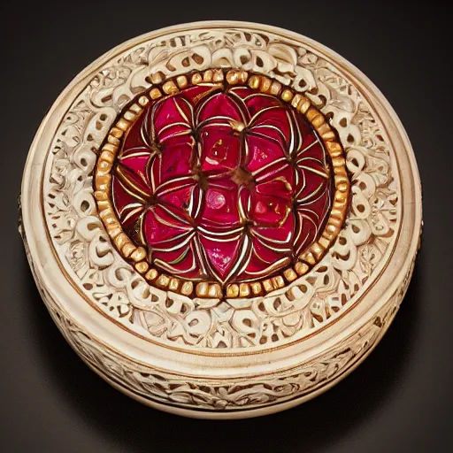 Image similar to carved ivory box with inlaid rubies, studio photography, black background