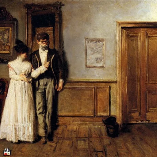 Image similar to a man and a woman solving an escape room puzzle alfred stevens