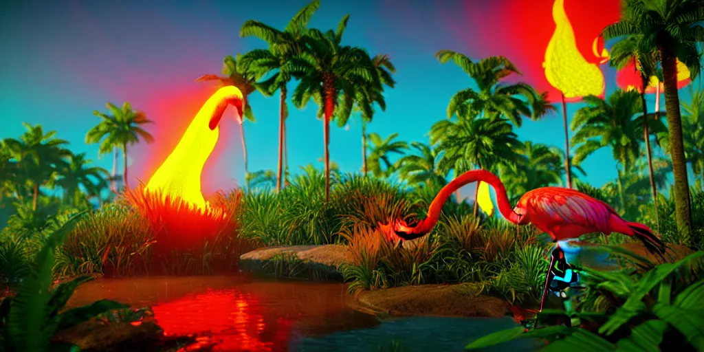 Image similar to unreal engine 5 8 k uhd render of an flamingocore tropicalwave junglepunk abstrafractalmancer, photorealistic, animal photography, lush tropical surroundings, volumetric lighting, sunlight, 1 0 5 mm lens