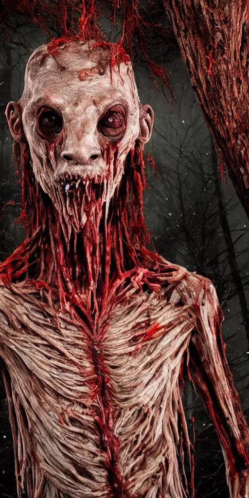 Prompt: photorealistic ultra detailed tall skinny humanoid creature with decomposed skin with fur and blood dripping, the woods, night, extremly detailed, 8 k, realistic, sharp focus, cosmic horror creature, cosmic horror, from the movie the thing, mysterious creature, bloody eyes