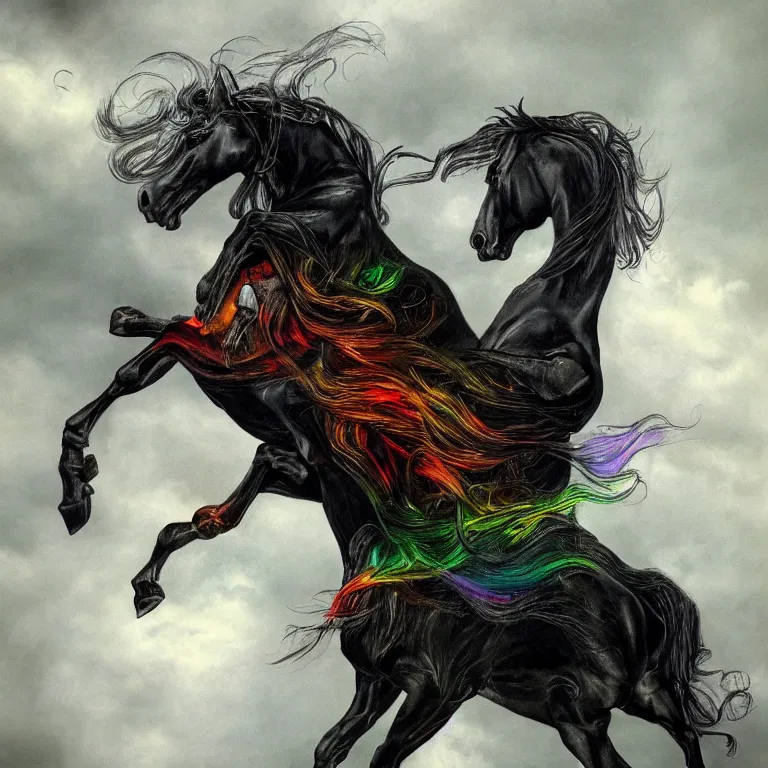 Prompt: fantasy portrait of a rainbow demon riding a black horse