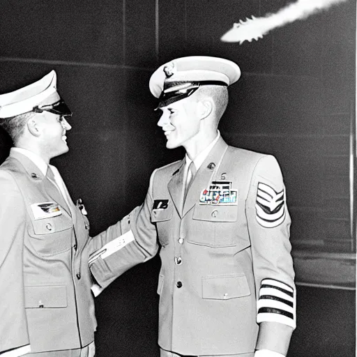 Prompt: classified photograph of gray alien greeting air force captain, grainy photo, specular highlights, 3 5 mm lens, government archive photograph