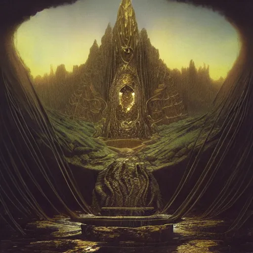 Image similar to the throne of abudance, matte painting, gold waterfalls | highly detailed oil painting, hyperrealistic, very intrincate | cinematic lighting, award - winning | by rachel ruysch, giger, beksinski and bocklin | by austin osman spare and william blake, trending on artstation, cgsociety, official art, octane.