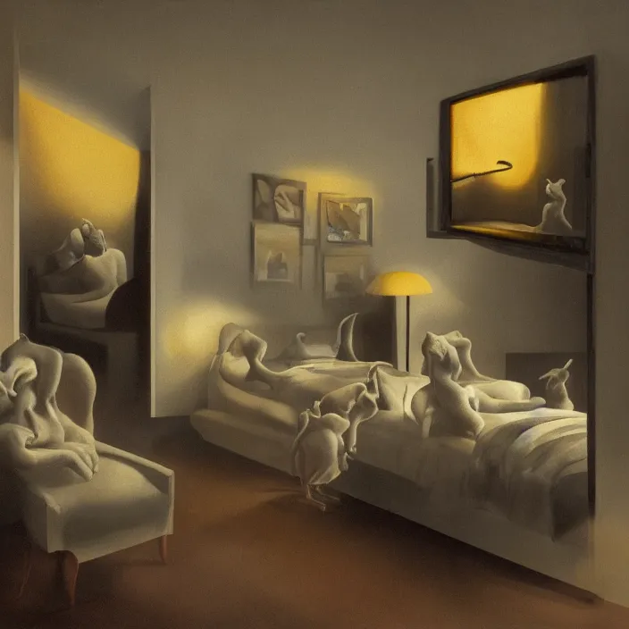 Image similar to close - up of the faces of a group of creatures with distinct personalities, in an urban hotel room, : : surreal architecture, chiaroscuro lighting, mysterious atmosphere : : oil painting by leonora carrington and edward hopper, ultra - detailed technical precision : : matte painting, high definition, octane render, unreal engine, 8 k