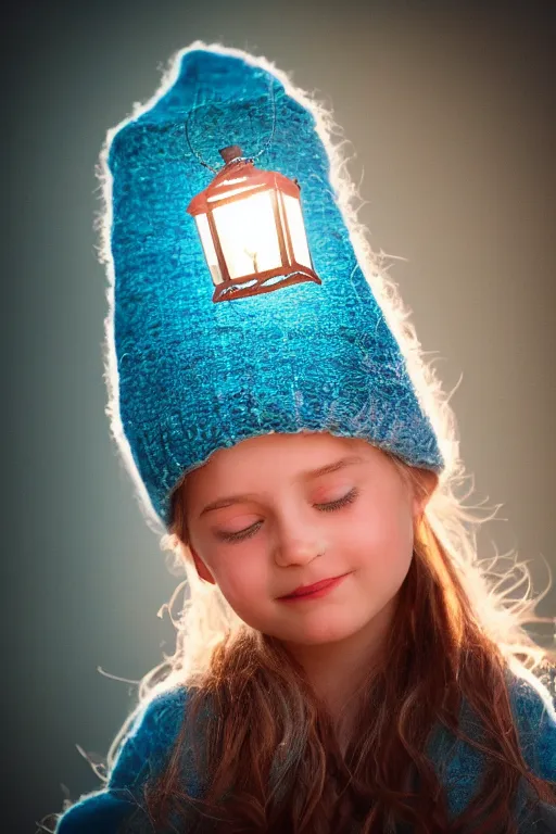 Prompt: dreamy portrait of a little girl holding up an illuminated lantern, soft neon and teal glowy lighting, photorealistic portrait, bokeh background, night lights, sharp focus, smooth facial tones, blue emerald eyes, volumetric lighting, brown woven hat, blue sweater, 8 5 mm photography, award - winning photography, trending on artstation, hyperrealism