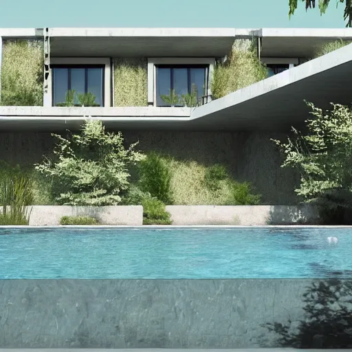 Image similar to architectural rendering of brutalism habitat 6 7 in the desert, biophilia style, pool, garden