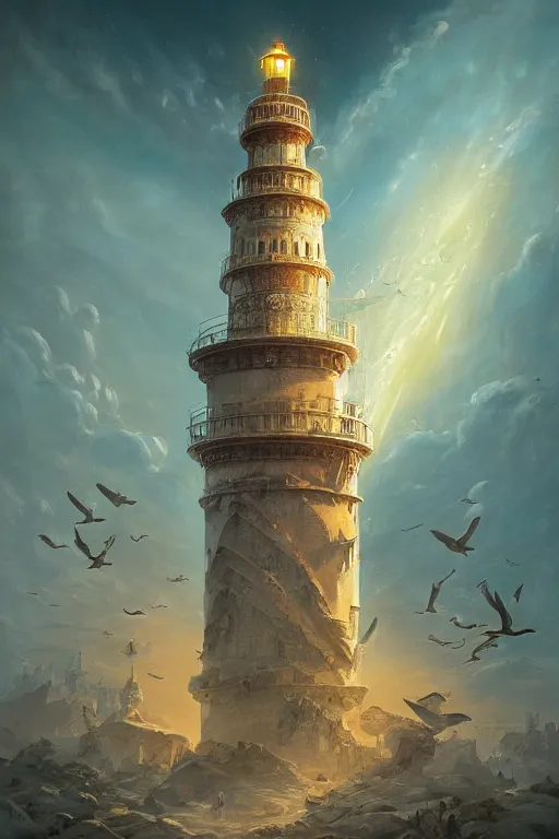 Prompt: Detailed Exterior Shot of The Archaic Ornate Lighthouse of Alexandria, light of god, light shafts, flock of birds, stunning atmosphere, in Style of Peter Mohrbacher, cinematic lighting