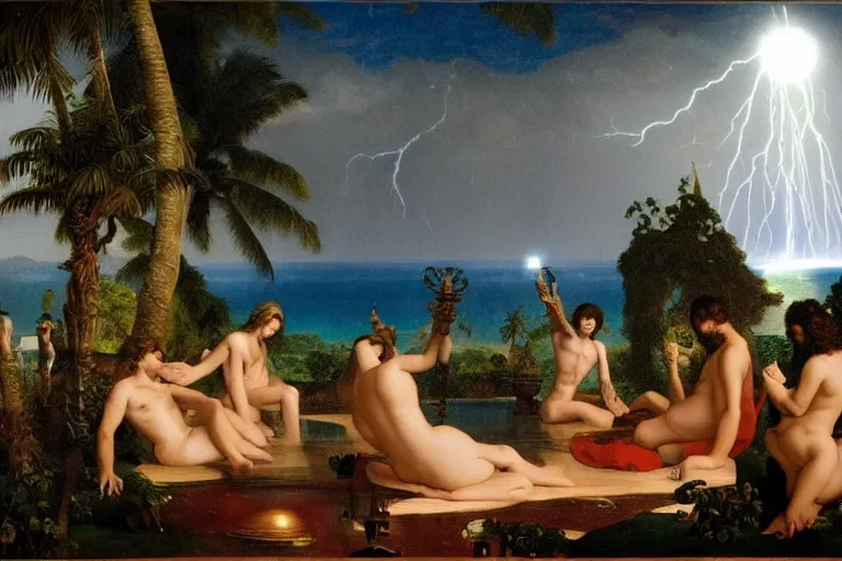 Image similar to The chalice of the occult, refracted moon sparkles, thunderstorm, greek pool, beach and Tropical vegetation on the background major arcana sky and occult symbols, by paul delaroche, hyperrealistic 4k uhd, award-winning, very detailed paradise