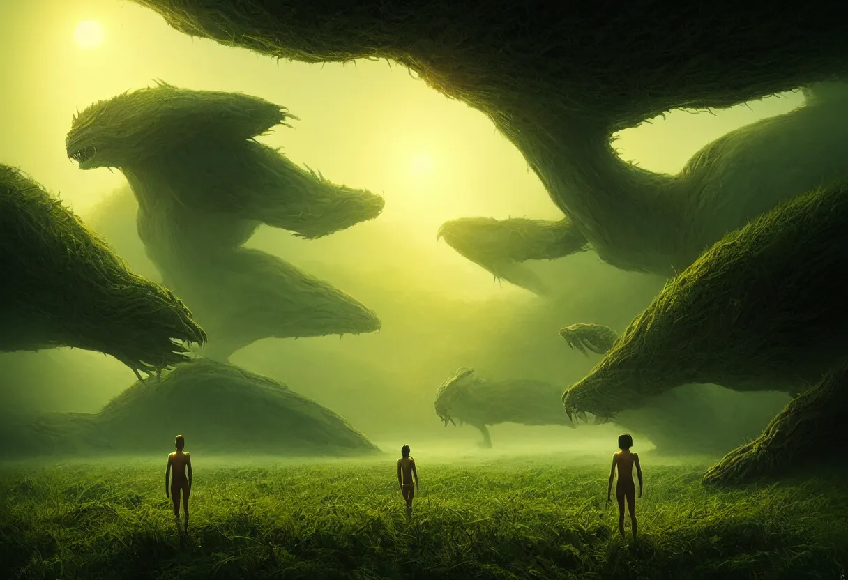 Prompt: strange creature emerging from surface of green summer planet at sunset, ultra high definition, ultra detailed, symmetry, fog, matte painting, by greg rutkowski and ross tran and wlop