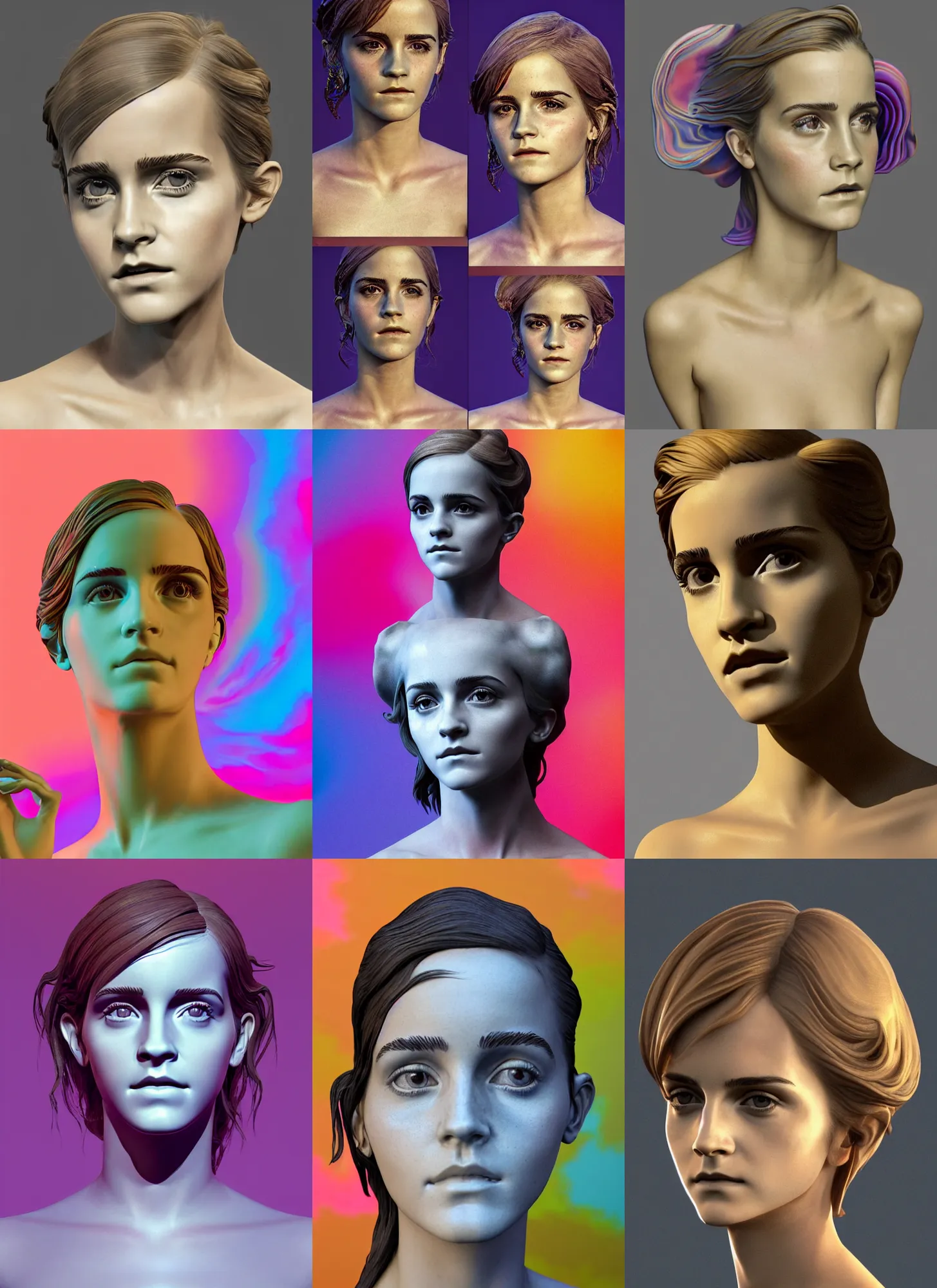 Prompt: 3d rendered sculpture of Emma Watson by Jean-Baptiste Carpeaux and Luo Li Rong and Michael James Talbot, all body, very emotional screaming expressions, perfect symmetrical face, colorful, psychedelic psychedelic psychedelic psychedelic acid colors, retrowave ((synthwave)), in full growth, elegant, realistic, 8K, female full-skin figure, hyperrealism, subsurface scattering, raytracing, rim light, Octane Render, Redshift, Zbrush, complex psychedelic glitch background