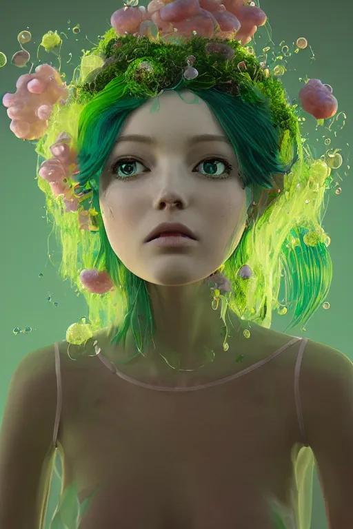 Image similar to transcending yesterday's self, vine headdress, moss patches, 2 0 mm, with pastel yellow and green bubbles bursting, pink hair, melting into lilligant, delicate, beautiful, intricate, houdini sidefx, by jeremy mann and ilya kuvshinov, jamie hewlett and ayami kojima, bold 3 d