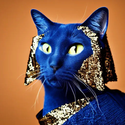 Prompt: a high - quality photo of a stylish cat wearing a sequined designer cloak, hyperrealistic, textured, animal portrait, dark ( ( royal blue ) ), bokeh, f 2. 8