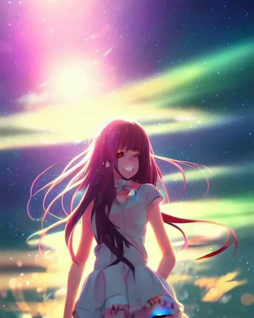 Image similar to anime style, vivid, expressive, full body, 4 k, painting, a cute magical girl with a long wavy black hair, stunning, realistic light and shadow effects, centered, simple background, studio ghibly makoto shinkai yuji yamaguchi