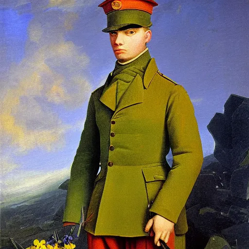 Image similar to an impasto oil painting of a soldier holding a colorful flower painted by caspar david friedrich, blue color scheme