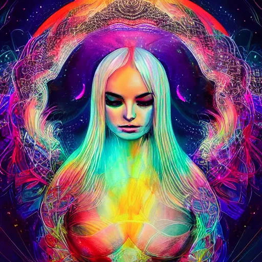 Image similar to a silk portrait of kim petras with her eyes closed, galaxy colored psychedelic chakra awakening kundalini ethereal vibes, transcending to a higher plane of existence, eternal blessing, multiverse, visionary art, by android jones, artstation, deviantart