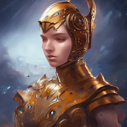 Image similar to portrait knights of Zodiac girl, golden and copper armor, sci-fi, fantasy, intricate, very very beautiful, elegant, highly detailed, digital painting, artstation, concept art, smooth, sharp focus, illustration, art by WLOP and tian zi and artgerm