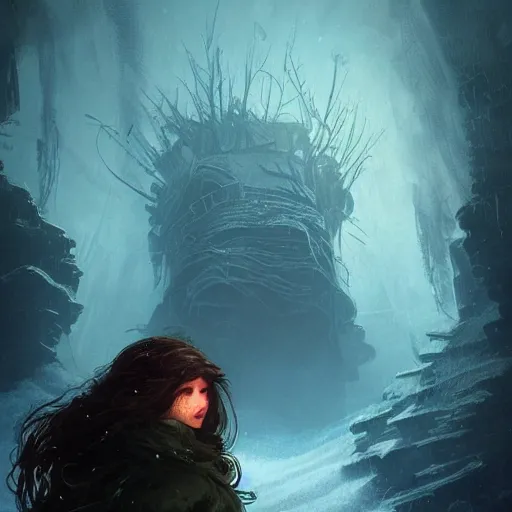 Prompt: young woman with wavy brown hair with a scar across his left eye is legendary, frostpunk, high detail, concept art, frosty, neon color, vivid color, floating particles, glowing green eyes, spiral smoke, background by john harris + andreas rocha, artwork by charlie bowater + artgerm + anato finnstark + ross tran