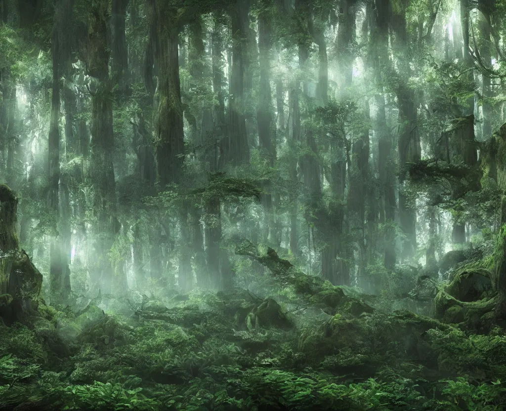 Image similar to enchanted magical illumined twisty swirly watery ( next level ) giant redwood forest. spells. runes. 8 k. uhd. octane render. highly elegant, detailed. harmonic composition. epic composition. hd.