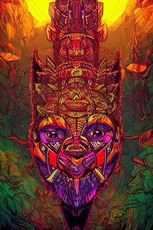 Image similar to totem animal tribal chaman vodoo mask feather gemstone plant video game illustration vivid color borderlands by josan gonzales and dan mumford radiating a glowing aura