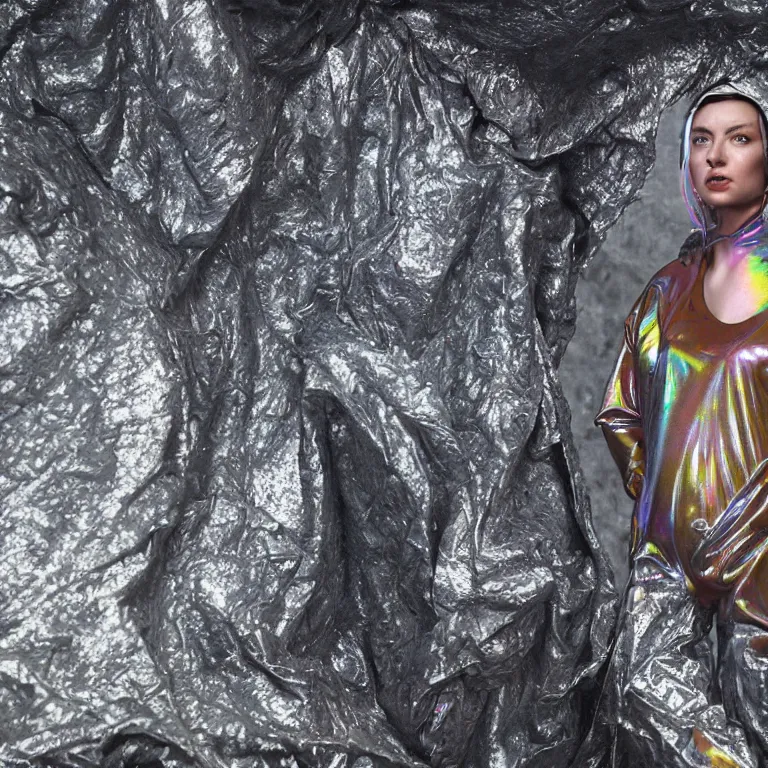 Prompt: octane render portrait by wayne barlow and carlo crivelli and glenn fabry, subject is a woman covered in tie - dye aluminum foil space suit with a iridescent metallic space helmet, inside a giant huge cavernous brutalist cement palace, cinema 4 d, ray traced lighting, very short depth of field, bokeh