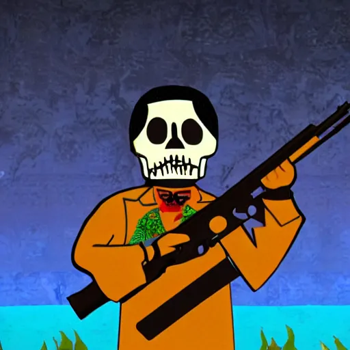 Prompt: manny calavera sitting with a rifle, in a cabin, on a lake, sunrise, grim fandango style,