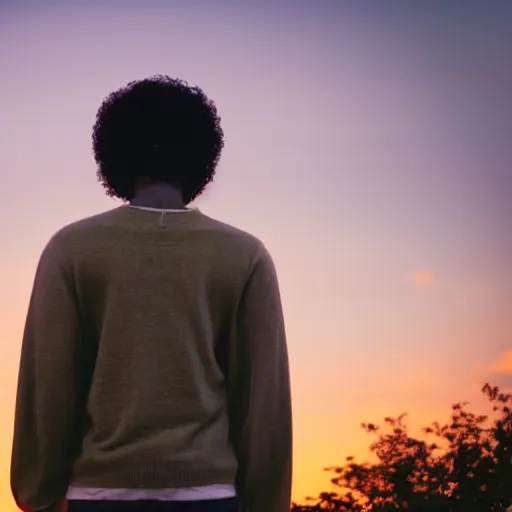 Prompt: dark skin man with curly hair, in the style of an anime film, standing alone in nature, sunset, backlit, contemplative, dreamy, pastel colors, youthful, fairylike