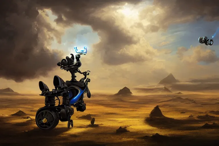 Image similar to an epic fantasy detailed illustration of an unmanned flying robotic vespa scooter among the clouds by alejandro burdisio and michael whelan, industrial, hydraulics, prosthetics, 4K, golden hour hues