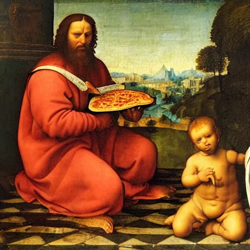 Prompt: a renaissance materpiece painting of a man and his son eating pizza and watching television, leonardo da vinci