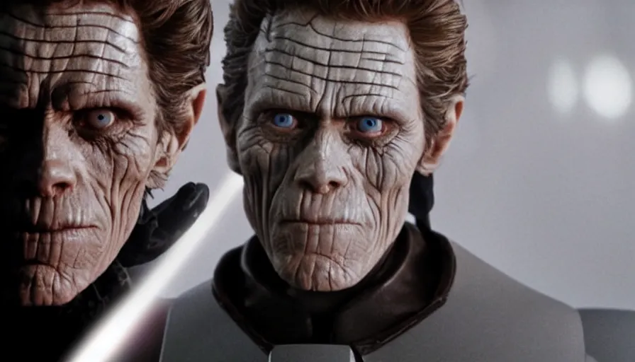 Image similar to Willem Dafoe as a Sith Lord, cinematic lighting, close-up, cinematography