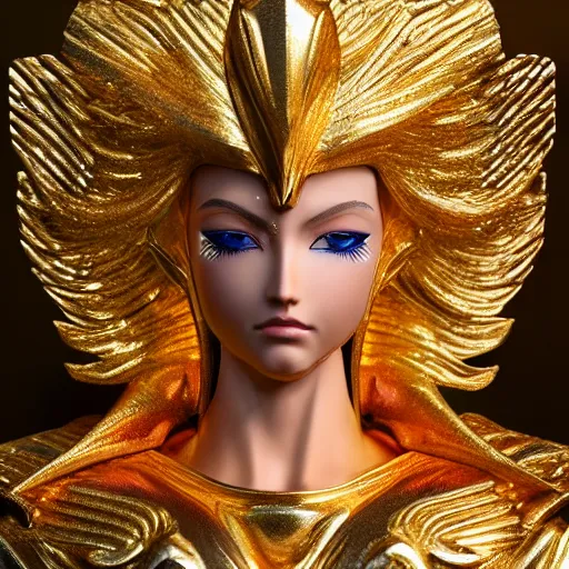 Prompt: CGI Beautiful gold Saint, Jaw-Dropping Beauty, gracious, aesthetically pleasing, dramatic eyes, intense stare, immense cosmic aura, wearing a gold cloth, Gemini Gold Cloth, Saint Seiya 30th Anniversary Exhibit, Knights of the Zodiac, Life-Size, Golden Armor Saints, hyper-realistic, ultra detailed, intricate, photoshopped, octane render, arnold render, 4k, 8k, high resolution, trending on Artstation, Pinterest and Shutterstock, unreal engine 5, photo-realistic, superb, ground-breaking, award-winning photography