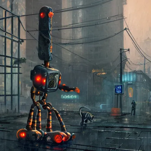 Image similar to a gritty, realistic painting of a broad-shouldered, heavy construction robot reaching down to pet a kitten, in a dark, wet cyberpunk city, by Simon Stålenhag and James Gurney