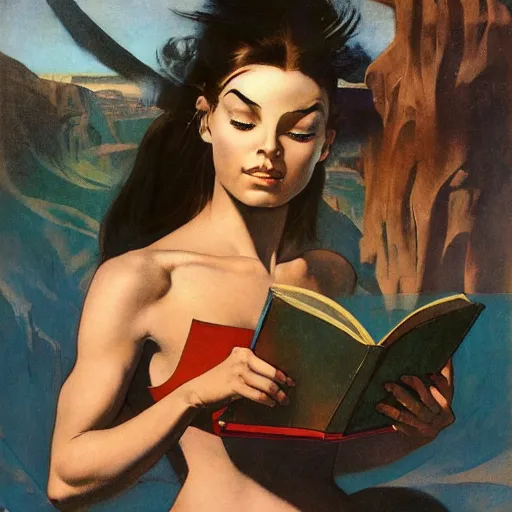 Image similar to a girl reading book, hair flowing down, in the style of Frank Frazetta, Jeff Easley, Caravaggio, extremely clear and coherent, clear lines, 8K revolution