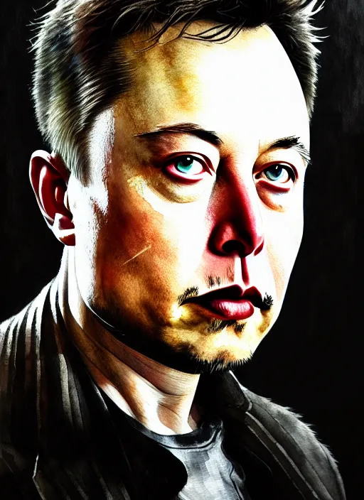 Image similar to portrait, Elon Musk , watercolor, dramatic lighting, cinematic, establishing shot, extremely high detail, foto realistic, cinematic lighting, pen and ink, intricate line drawings, by Yoshitaka Amano, Ruan Jia, Kentaro Miura, Artgerm, post processed, concept art, artstation, matte painting, style by eddie mendoza, raphael lacoste, alex ross