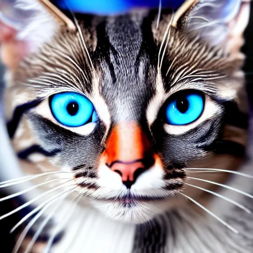 Image similar to epic professional oil painting of a grey and brown striped cat with blue eyes, epic, stunning, gorgeous, intricate detail, much wow, 4K, masterpiece