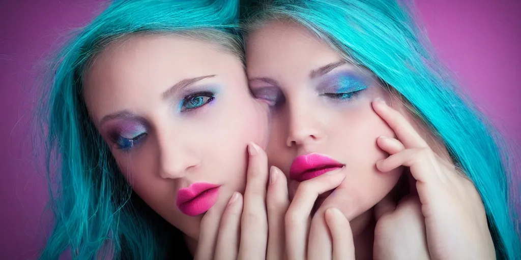 Prompt: a close up photo of a beautiful young woman with accents of cyan and pink. Moody and melanchony