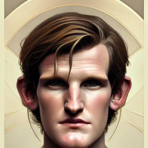 Image similar to symmetry portrait of matt smith, intricate, elegant, highly detailed, digital painting, artstation, concept art, smooth, sharp focus, illustration, art by artgerm and greg rutkowski and alphonse mucha