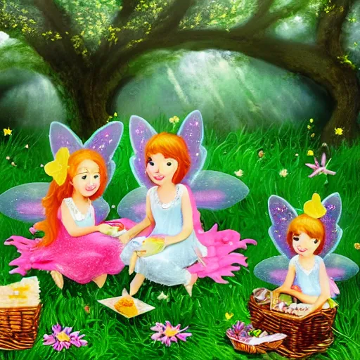 Image similar to fairies having a picnic in a heavenly meadow