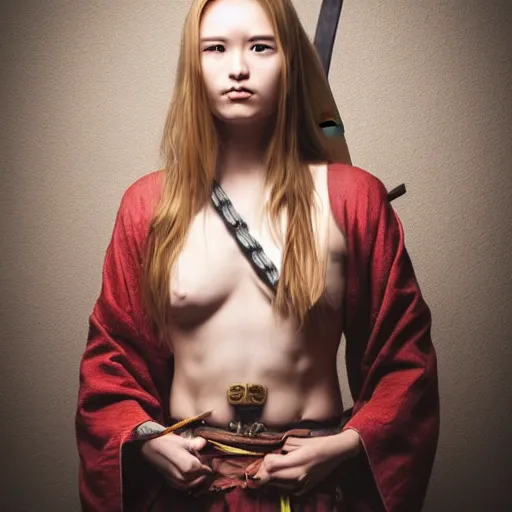 Image similar to full body portrait, thin but strong viking samurai woman, open shirt, 6 pack, symmetrical beautiful face, relaxed pose