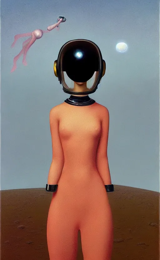 Prompt: portrait An astronaut girl wearing helmet with black lace dress, Edward Hopper and James Gilleard, Zdzislaw Beksinski, Mark Ryden, Wolfgang Lettl highly detailed