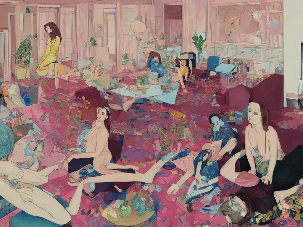 Image similar to Man and woman start to bounce in a living room of a house, floating dark energy surrounds the middle of the room. There is one living room plant to the side of the room, and another woman with siren body sitting on the sofa, expressionist painting by martine johanna and moebius