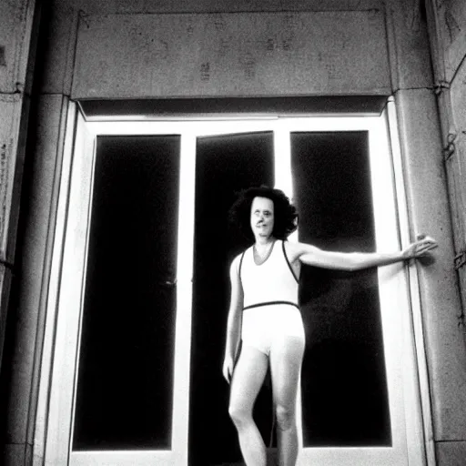 Prompt: detailed professional photographic portrait of Sigourney Weaver wearing a white singlet and her cat moving apartment New York City 1983, building entrance way Art Deco,, cinematic feel, high octane