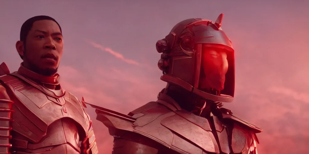 Prompt: a film still of a light skinned black man starring as an ancient samurai flying in a futuristic spacecraft, japanese blockbuster film, the sky is red, shallow depth of field, cinematic, award winning cgi, vfx, film still