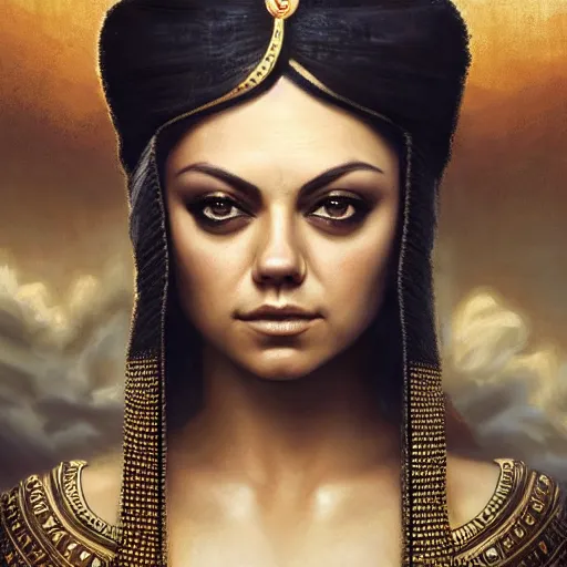 Image similar to closeup portrait of mila kunis as cleopatra, palace background, dramatic light, gorgeous view, depth, high detail, digital art, painted by seb mckinnon and greg rutkowski, trending on artstation