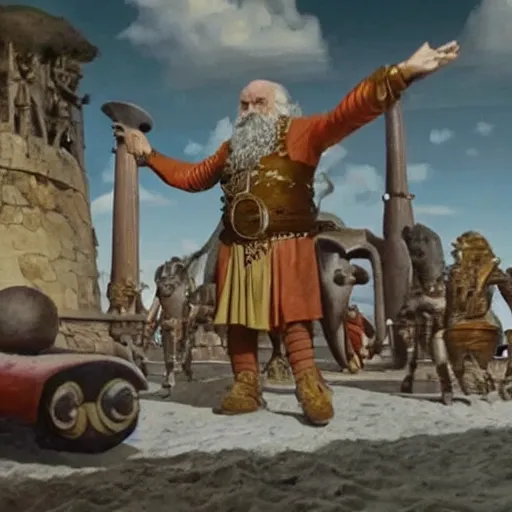 Image similar to screenshot taken from the movie gulliver travel, dwarves are demonic robots, high detailed, smooth draw, retrofuturism, created by michaelangelo.