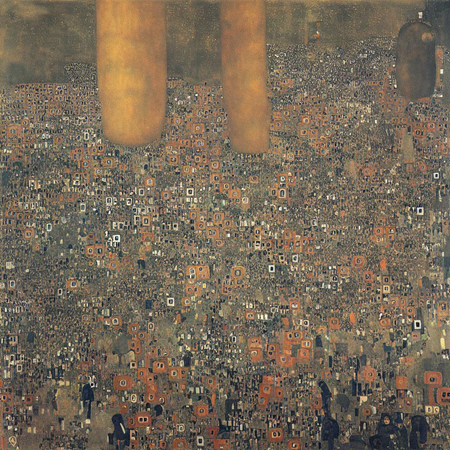 Image similar to “a large group of people wearing gas masks a running up a hill chasing a large red sphere . In the background we see large smokestacks spewing smoke. a painting by gustav klimt ”