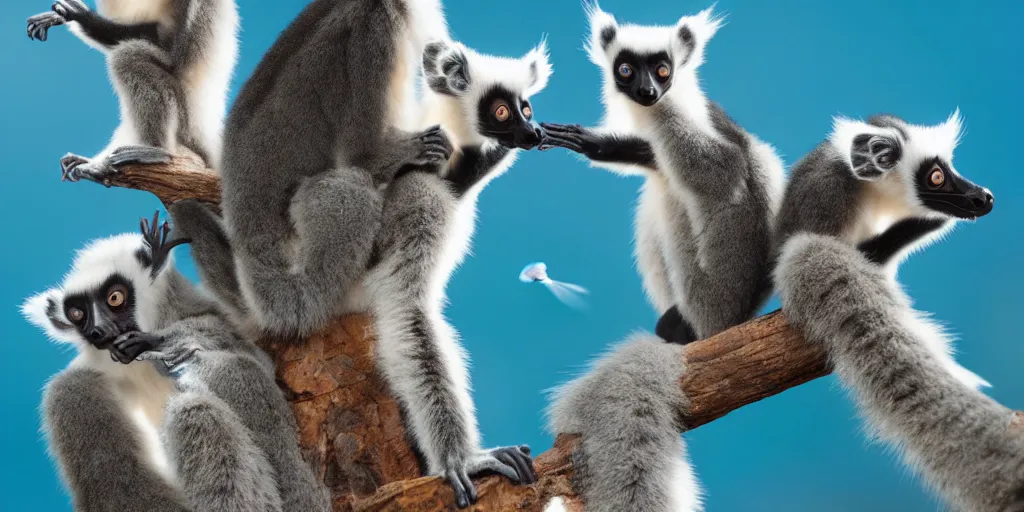 Prompt: Floating lemurs showing their tongues over a blue ocean, Darek Zabrocki, Karlkka, Jayison Devadas, Phuoc Quan, trending on Artstation, 8K, ultra wide angle, pincushion lens effect.