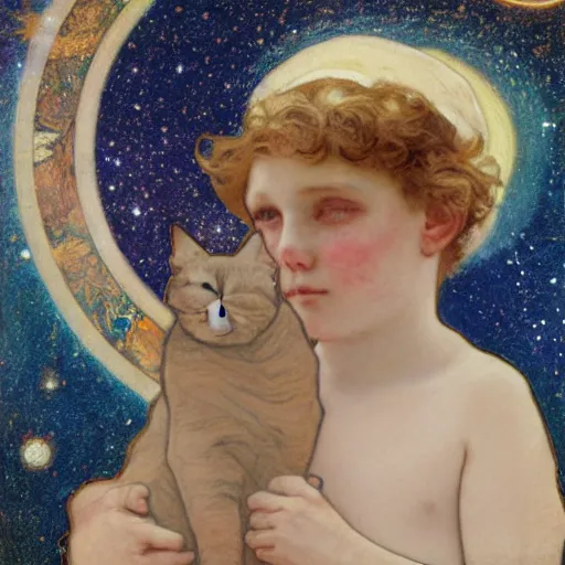 Image similar to a boy and a cat,walking on the sand,starry sky by Mucha,highly details,oil painting